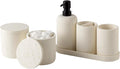 Bathroom Accessories Set,4 PCS Travertine Stone Look Collection,Cream | Modern Bath Organizer with 13.53OZ Soap Dispenser,Toothbrush Holder,Tumbler,Vanity Tray,2PCS Cotton Swab Jars for Countertop