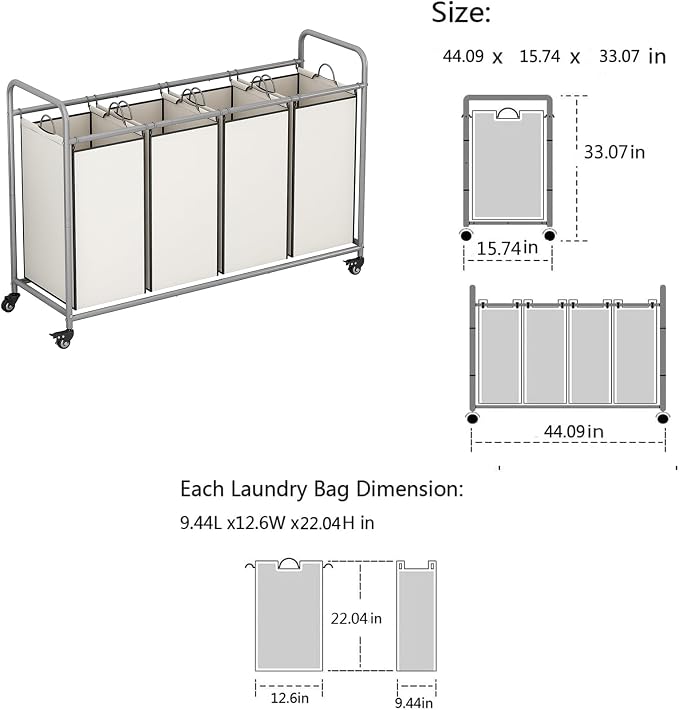 LINZINAR 4 Section Laundry Hamper, Beige Laundry Basket 180L Laundry Sorter | Laundry Room Organization with Heavy Duty Rolling Lockable Wheels and Removable Bag, Bedroom Laundry Cart for Clothes Storage