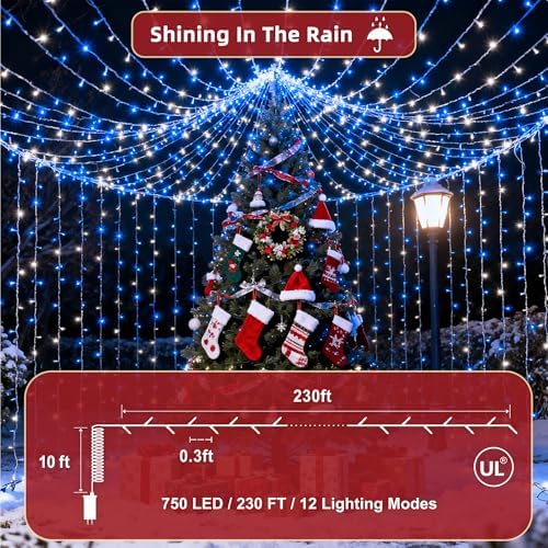 240ft Outdoor Christmas Lights, 750 LED Super Long String Lights 12 Modes & Timer Memory, Dimmable Outsite Waterproof Light Strings for Xmas Tree Garden Wedding Party Holiday Decorations Blue &White