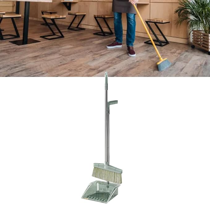 RiToEasysports Broom Dustpan Set Durable Cleaning Tool Large Sweeping Range for Home Bedroom,Stainless Steel Long Handle,PP Plastic Kit (Green)