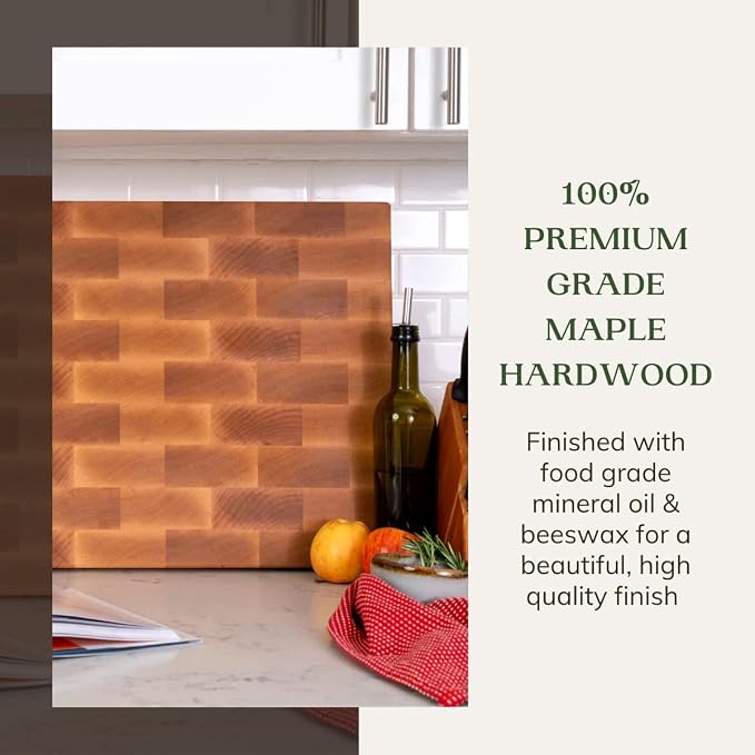 Maple End Grain Cutting Board - Premium End Grain Butcher Block Wood Cutting Board for Kitchen - Food-Safe, Non-Slip, Sustainably Sourced Maple Wood (Medium)