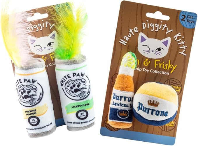 Haute Diggity Kitty White Paw Mango & Lime + Purrrona Beer Bottle & Ball Set, Plush Cat Toys Catnip Filled with Interactive Crackle Sound, Safe & Durable Toys for Cat & Kitten, 4 Pcs