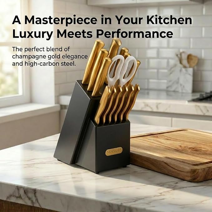 McCook® Knife Sets, Golden Titanium Stainless Steel Kitchen Knife Block Sets with Built-in Sharpener, 15 Piece Knives, Restaurant Grade Sharp, Elegant Gold & Stylish Wooden Block for Modern Culinary | German Forged Stainless Steel,15 PC,Razor Sharp,Ant...