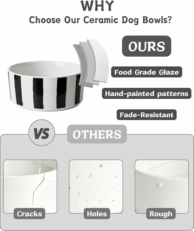 TRUVIC Ceramic Dog Bowl with Wood Stand, Black and White Striped Dog Food and Water Bowl, 2 Cup/14 oz Elevated Puppy Food Bowl for Medium Dogs, Dishwasher Safe, Modern Geometric, Striped