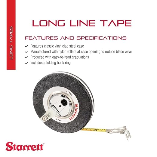 Starrett Closed Reel Long Line Tape with Nylon Rollers, Rewind Mechanism, and Folding Hook Ring - 50' Length, 3/8" Width, 1/8" Graduation, L1 Graduation Style Number - 530-50