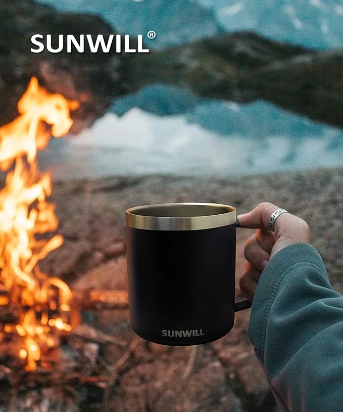 SUNWILL Travel Coffee Mug with Lid, Insulated Tumbler with Handle, 14oz Stainless Steel Cup for Camping, Outdoor, Powder Coated Black