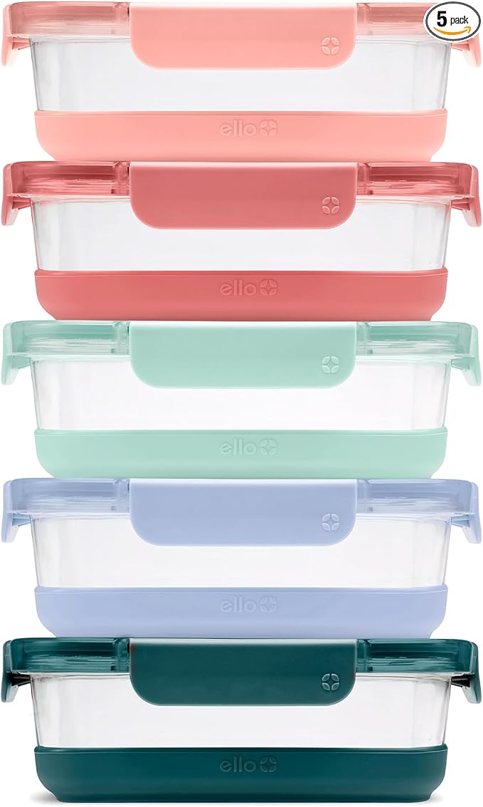 Ello Duraglass Refresh 3.4 Cup Meal Prep Containers, 10 Pc, Melon | Glass meal prep container set with silicone boots, airtight leakproof BPA-free lids, microwave, freezer & dishwasher safe