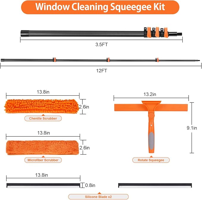 18FT Reach Carbon Fiber Window Squeegee with Extension Pole | 50% lighter than aluminum poles, lightweight sturdy and anti-corrosion. 3/4 threaded tip fits plenty of tool accessories