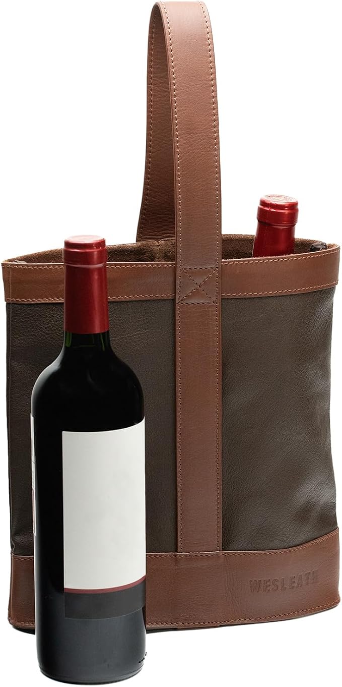 Double Wine Carrier Bag – Leather Wine Tote for Two Bottles with Handle – Protective Carrier for Picnic, Wine Champagne Gift Bag (Chocolate)