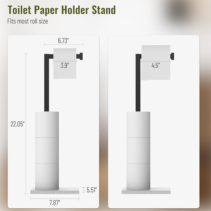Matte Black Toilet Paper Holder with Marble Base Stand Freestanding Tissue Roll Holder SUS 304 Stainless Steel Rustproof for Pedestal Lavatory with Organization L-Shape Tissue Storage by Homevacious