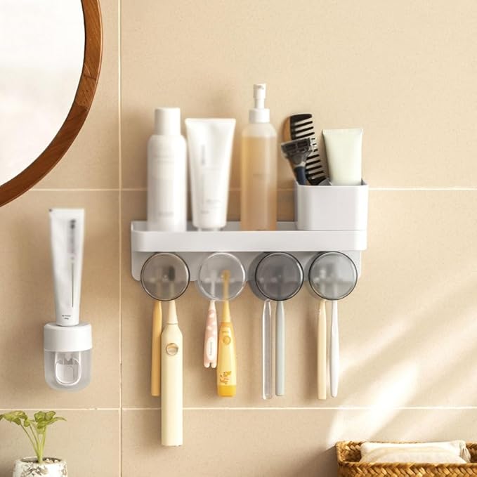 Toothbrush Rack Wall-mounted Toothbrush Storage Box Gray Toothbrush Holder Bathroom Accessories Storage Bracket with Cup Easy to Install Bathroom Toothbrush Holder(S24cm)