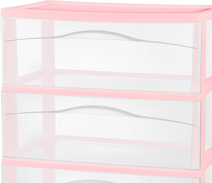 Sterilite Wide Storage Cart, 3 Clear Drawer Plastic Organizer with Wheels, Pink Frost Frame - Rolling Unit for Craft Supplies or Home Accessories