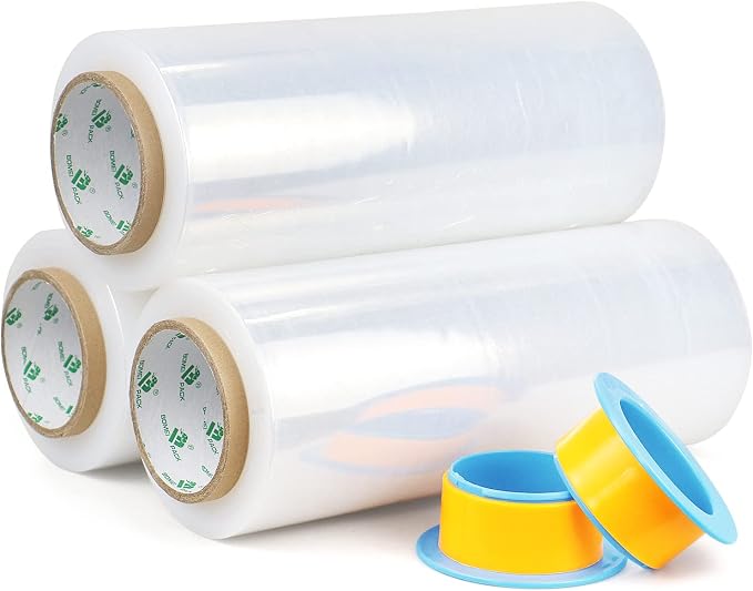 BOMEI PACK Clear Stretch Wrap Industrial Strength 12" x 1000 Ft 3 Pack - 80 Gauge Thick - Clear Plastic Cling, Stretch Film Rolls for Packaging Moving Packing Pallets