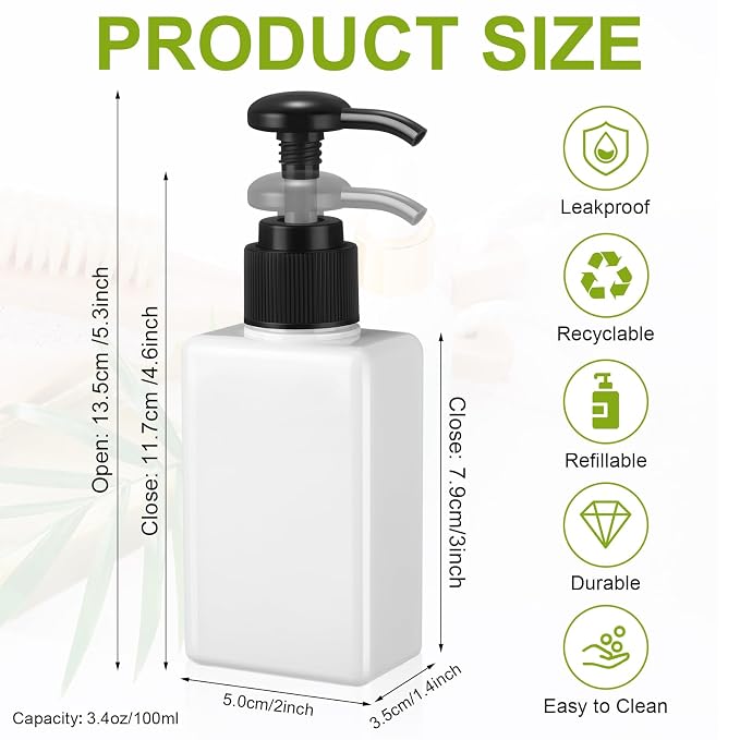 Domensi 24 Pcs 100ml /3.4 oz Pump Bottle Mini Travel Bottles Small Dispenser Containers Plastic Pump Lotion Dispenser Empty Square Travel Size Containers Toiletries (White)
