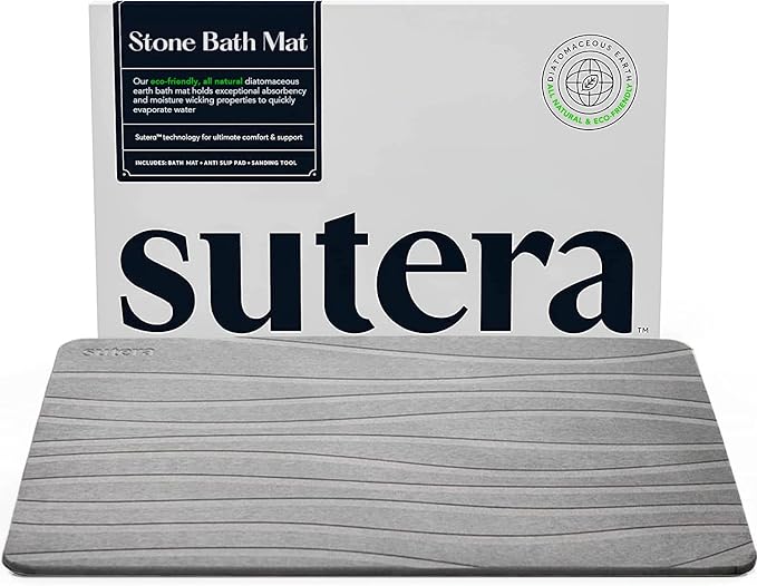 SUTERA - Stone Bath Mat, Diatomaceous Earth Shower Mat, Non-Slip Super Absorbent Quick Drying Bathroom Floor Mat, Natural, Easy to Clean (23.5 x 15 Gray)