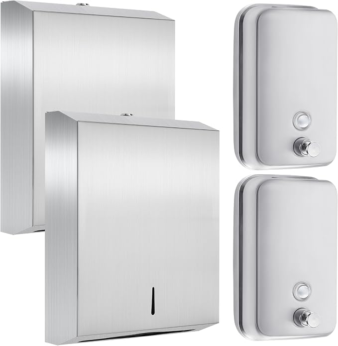 4 Pcs Commercial Soap Dispenser and Paper Towel Dispenser Set with Lock-Stainless Steel,Wall Mount,Large Capacity Manual Liquid Pump Rust Proof Leak Free for Home Bathroom (500 ml,Style 2)