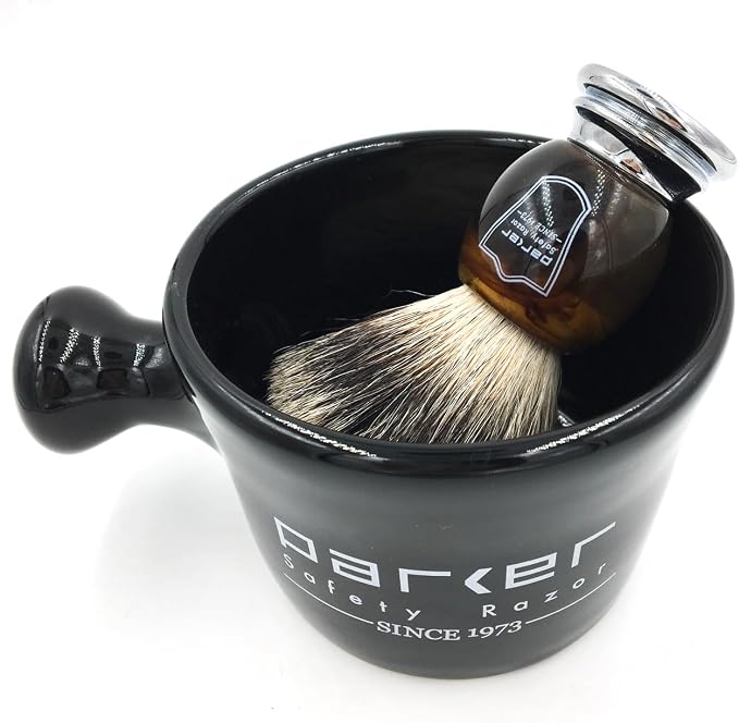 Parker 3-Band Pure Badger Shaving Brush with Faux Horn & Chrome Handle + Stand | 22mm Soft Knot for Dense Lather | Handcrafted Wet Shaving Brush for Cream or Soap | Long Loft