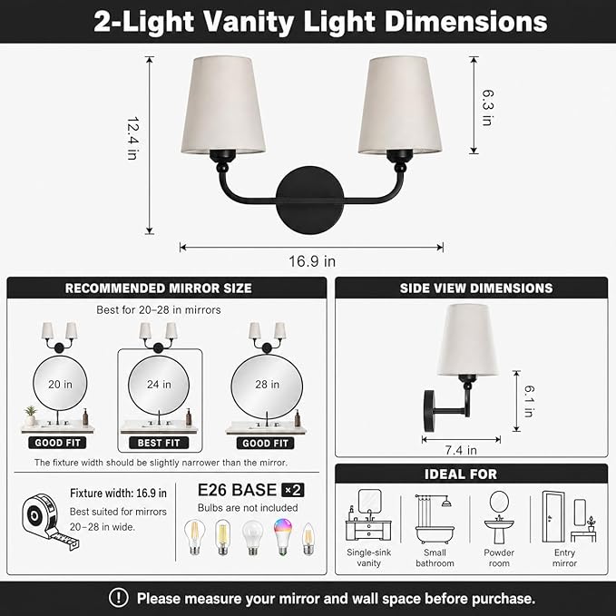 Bathroom Vanity Light, Matte Black Bathroom Light Fixtures, 2-Light Lighting Fixtures Over Mirror, Modern Wall Sconce with Flared White Fabric Shade, E26 Socket(ETL Listed)