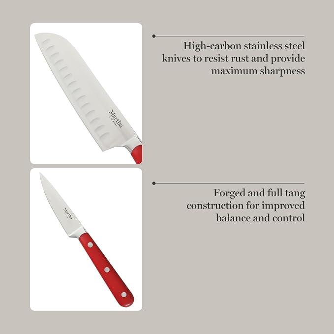 MARTHA STEWART Eastwalk 14 Piece High Carbon Staineless Steel Cutlery Knife Block Set w/ABS Triple Riveted Forged Handle Acacia Wood Block - Red