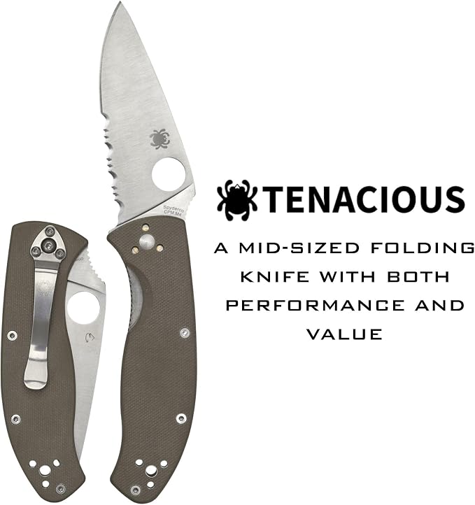 Spyderco Tenacious Folding Pocket Knife, CombinationEdge | 7.77" Overall Length, 3.3" CPM M4 Steel Blade, Brown, G-10 Handle, LinerLock, Full-Flat Grind