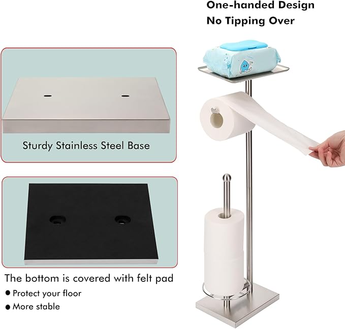 Toilet Paper Holder with Tray at The Top, Heavy-Weighted Stainless Steel Base No Wobbly, Freestanding Toilet Paper Rolls Stand, Hold Extra 3 Paper Rolls On The Base (Brushed Nickel)