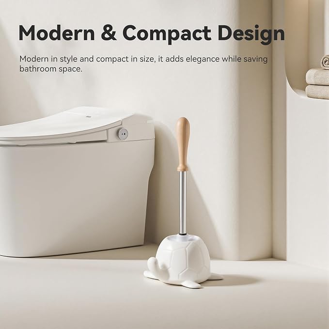 Turtle Base Toilet Brush and Holder Set - Ceramic Toilet Bowl Cleaner Brush, DIY-Paintable Toilet Base Bathroom Brush for Home & Commercial Use - White