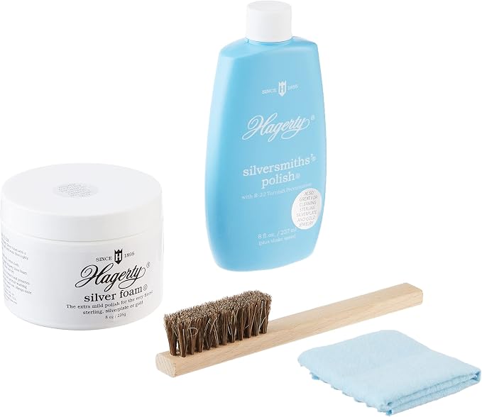 Hagerty Complete Silver Care Kit – 4-Piece Set with Silver Polish, Silver Foam, Polishing Cloth & Brush – Removes Tarnish, Cleans & Protects Sterling Silver and Silver Plate