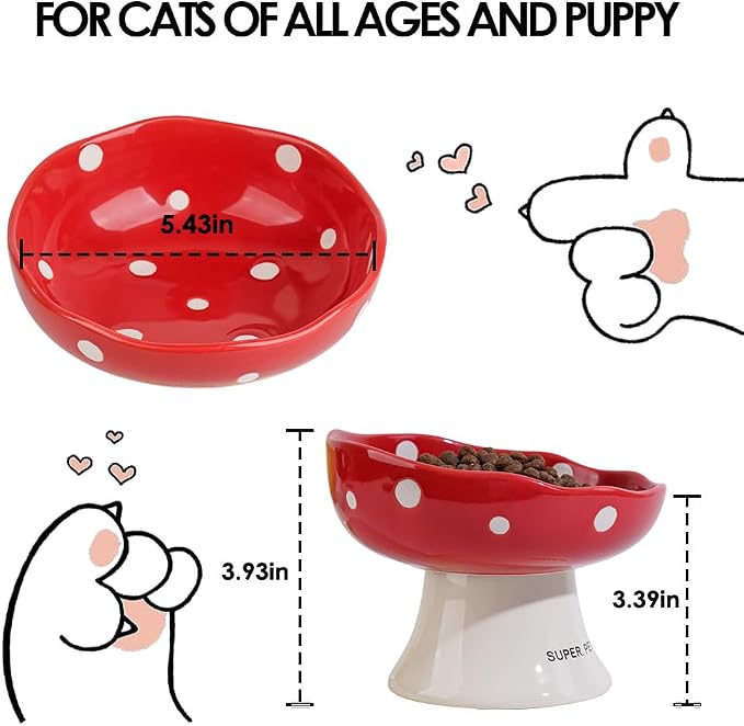 Red and Orange Mushroom Cat Bowl Set, 2PCS Elevated Ceramic Bowls for Cats | Cute Mushroom Set, Elevated, Ceramic, Whisker Friendly, Multi-Cat