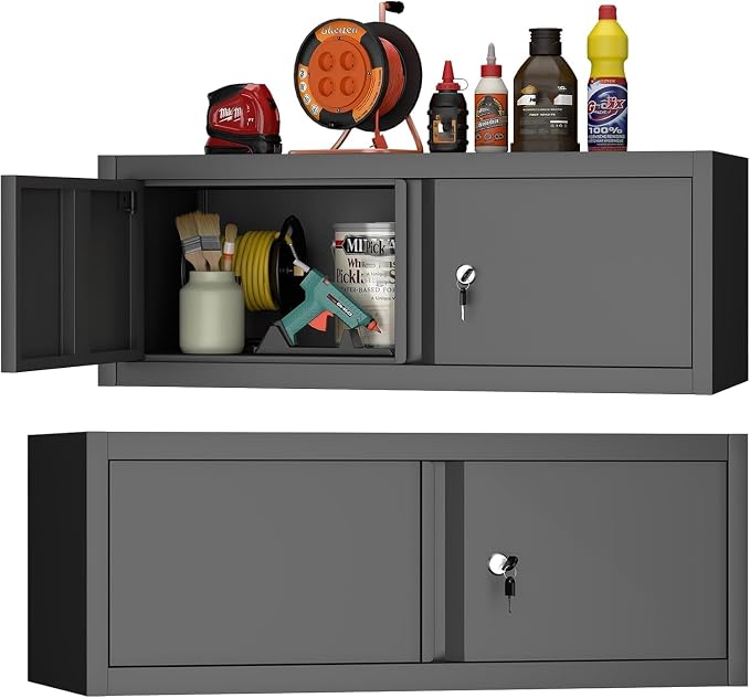 GREATMEET Metal Wall Cabinet with Lock and Doors (Black, 13" H) | Garage Storage Cabinet, Wall Mount Cabinets for RV, Shop