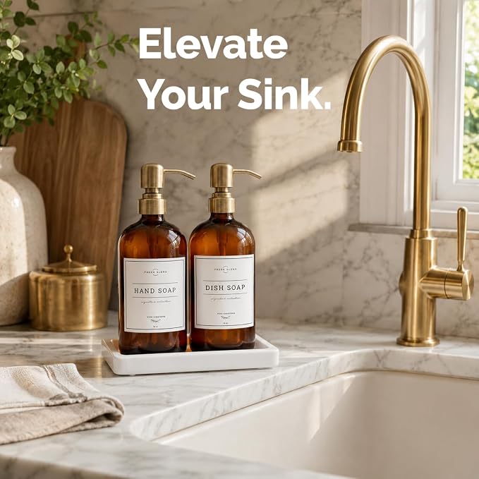 Vine Creations Amber Glass Soap Dispenser, 2 Pack Kitchen Soap Dispenser Set with Ceramic Tray, Stainless Steel Pump, Dish Soap and Hand Soap Dispensers for Bathroom Decor with Waterproof Labels