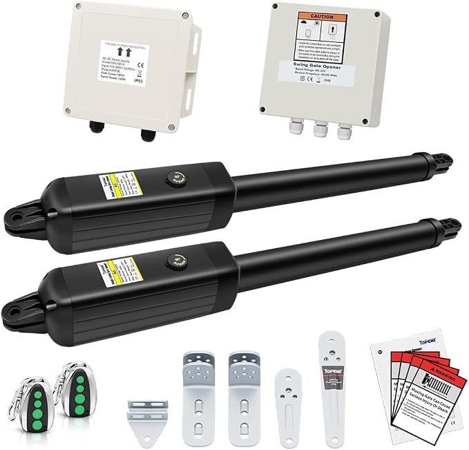 TOPENS PW302 Dual Swing Gate Opener Light Duty Automatic Gate Motor for Double Swing Gates Up to 12ft per Arm, Electric Driveway Gate Operator AC Powered with Remote Control Kit Solar Compatible