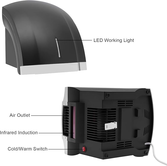 Commercial Electric Hand Dryer, 1800W Compact Automatic High-Speed Hand Dryer with Hot and Cold Air, Wall Mounted, Low Noise for Home Industry Bathroom Office Mall