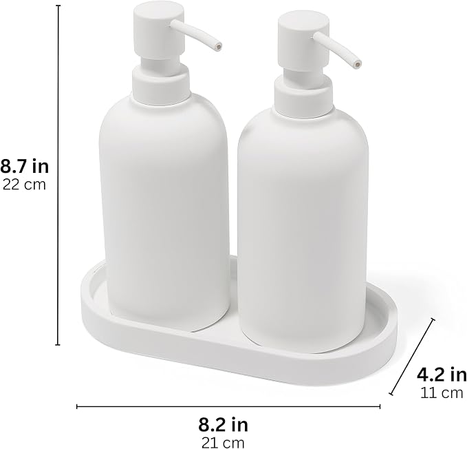 Matte White Round Soap Dispenser Set with Tray for Kitchen, Countertop & Bathroom – 2 Pack 15 oz Refillable Resin Pump Bottle for Dish Soap, Hand Soap, Shampoo, Conditioner – Non-Slip Protective Pads