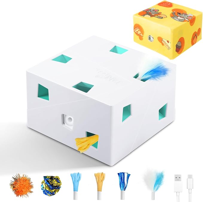 Migipaws Automatic MigiBox Plus Cat Toys 3 in1 Interactive Pounce Mystery Under PopSkin 12 Holes Cardboard Kitten Toys for Indoor Rechargable 8 Accessories(White)