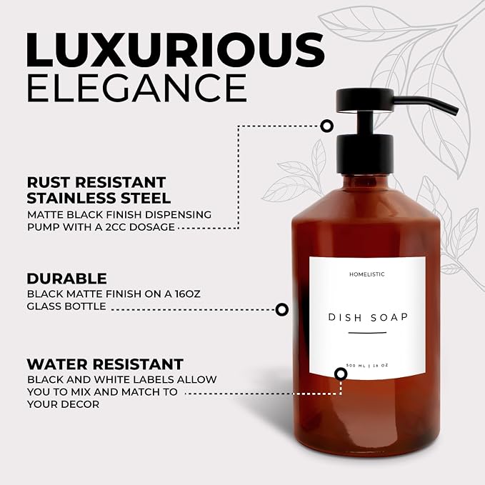 Luxury Glass Soap Dispenser Set of 2 - Elegant Amber Bottles with Matte Black Pumps, Ideal for Kitchen and Bathrooms, Perfect Glass Pump for Modern Homes.