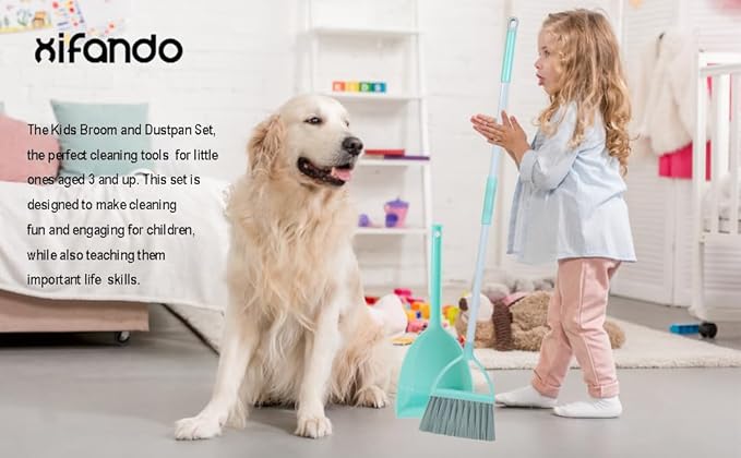 Mini Broom with Dustpan for Kids,Little Housekeeping Helper Set (Light Blue)