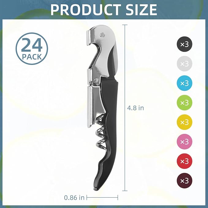 24 Pack Colorful Corkscrew Wine Openers Upgraded Heavy Duty Stainless Steel Wine Opener Bulk Double Hinged Wine Key for Serves Waiters Bartenders Party Wine Opener Favor (Colorful)