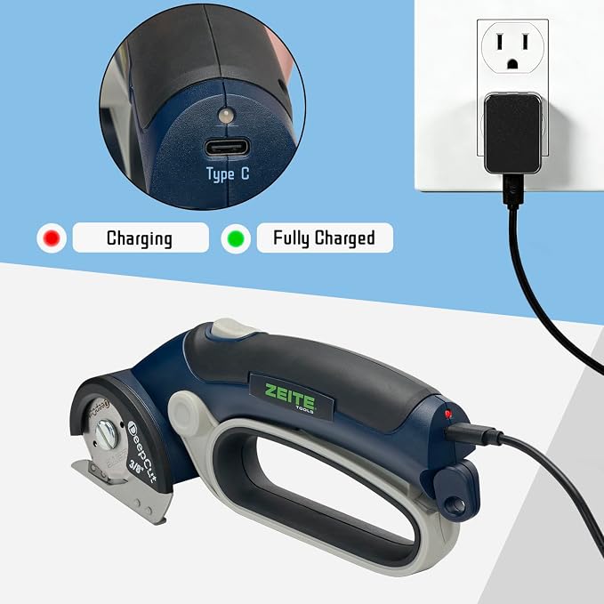 ZEITE Deepcut 3/8" Electric Cardboard Cutter,Cordless Scissors with LED Light,Storage Box,Rechargeable Powerful Rotary Box Cutter with 2 Blades for Thick Cardboard, Fabric, Carpet, Leather