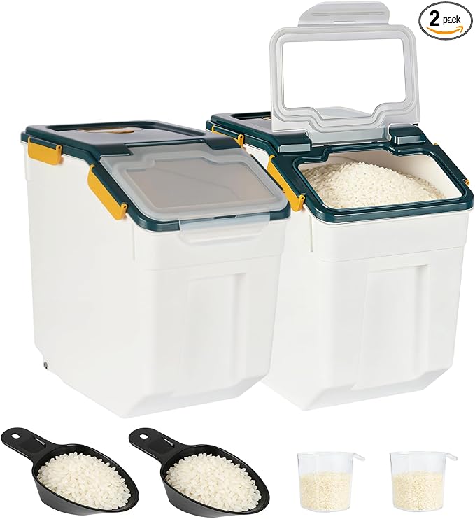 2 Pack Rice Container 50 lbs Large Bulk Flour Sugar StorageHoldhouse Plastic Grain Cereal Dry Goods Bin with Spoon and Measuring Cupfor Kitchen Pantry Organization - Blue