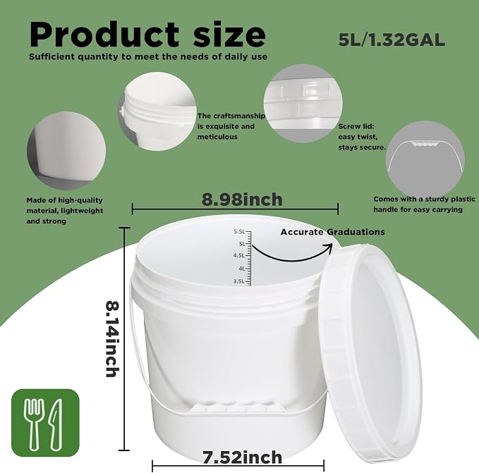 4 Pack 1.3 Gallon White Plastic Storage Buckets with Screw Lids, Food Grade Container with Measurement Markings, Reusable Small Container