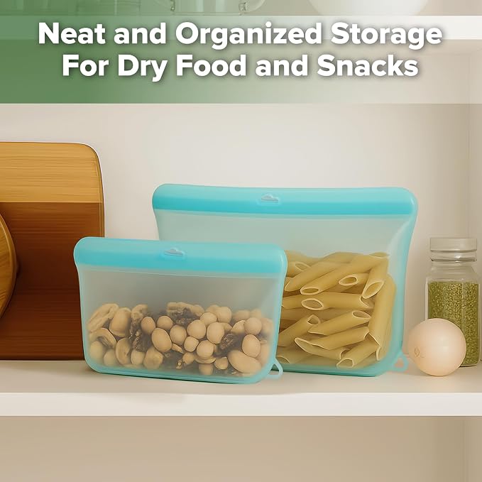 Haakaa Dot Seal Reusable Silicone Food Storage Bags, 2 Pack- Silicone Leakproof Freezer & Sandwich Snack Bags, BPA Free Food Containers, Microwave & Dishwasher Safe, Turquoise (50oz+16oz）