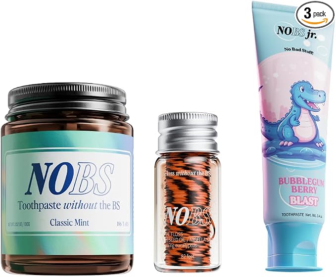 NOBS (No Bad Stuff) Toothpaste Tablets (3 Month), NOBS Jr, & Floss Bundle - Nano Hydroxyapatite, Fluoride Free, Eco & Travel Friendly - Remineralize with NHA