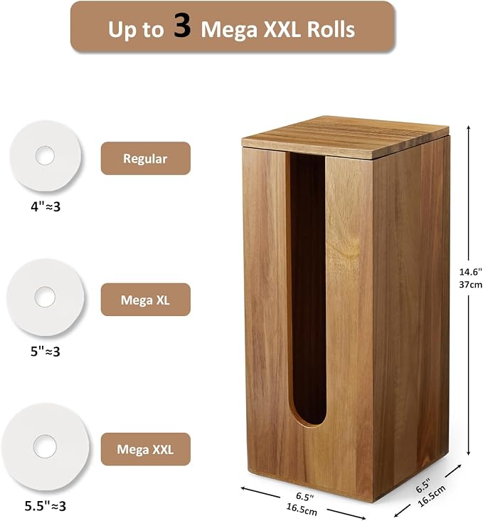 OUTNILI Freestanding Toilet Paper Holder Stand with Lid, Acacia Wood Bathroom Storage Organizer, Rustic Farmhouse Toilet Paper Holder for Floor, Holds 3 Extra Large Rolls