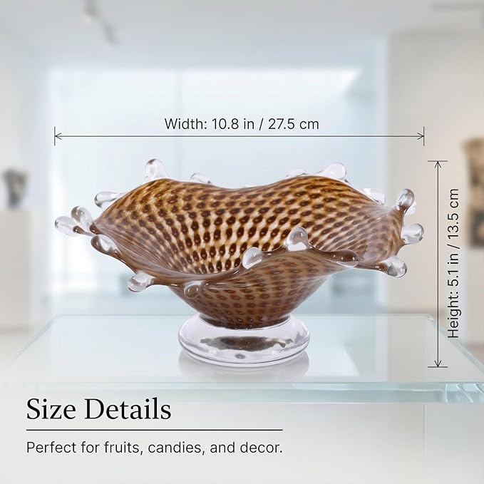 LCCCK Amber Glass Pedestal Fruit Bowl for Kitchen Counter, Hand Blown Glass Bowl Dining Table Centerpiece, Unique Candy Bowls for Office Candy Dish and Living Room Coffee Table Art Decorative