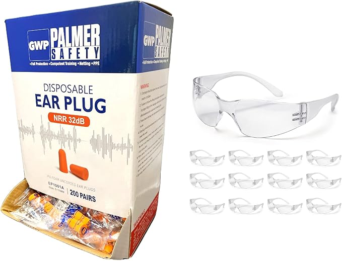 ATERET Earplugs 200 Pairs & 12 Pairs of Safety Glasses I 32db Noise Cancelling Soft Disposable Ear Plugs I Safety Hearing & Eye Protection for Hunting Shooting Range Work Construction