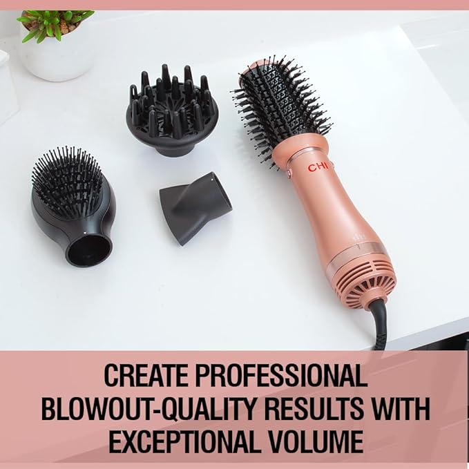 CHI Volumizer 4-in-1 Blowout Brush, Hair Dryer for Smooth, Silky & Shiny Hair, Four Interchangeable Attachments for Versatile Styling, Rose Gold