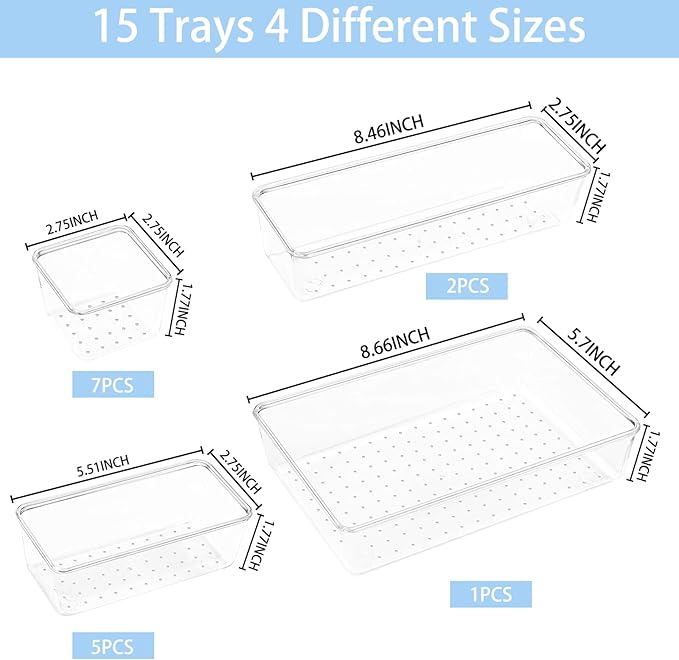 Manalete Drawer Organizers Set of 15, 4 Sizes Clear Plastic Drawer Organizers and Storage Bins for Kitchen, Bathroom, Office, Dresser Desk Drawer Organizer Tray for Jewelry, Makeup, Junk, Gadgets