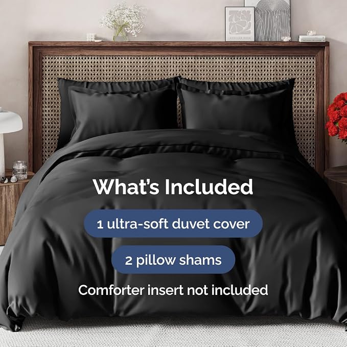 Duvet Cover Super Queen Size Set - Extra Soft Super Queen Duvet Cover 98" x 90" with 2 Pillow Shams for Women, Men, Kids & Teens - Hotel Luxury w/ Zipper Closures & Ties - Comfy & Breathable (Black)