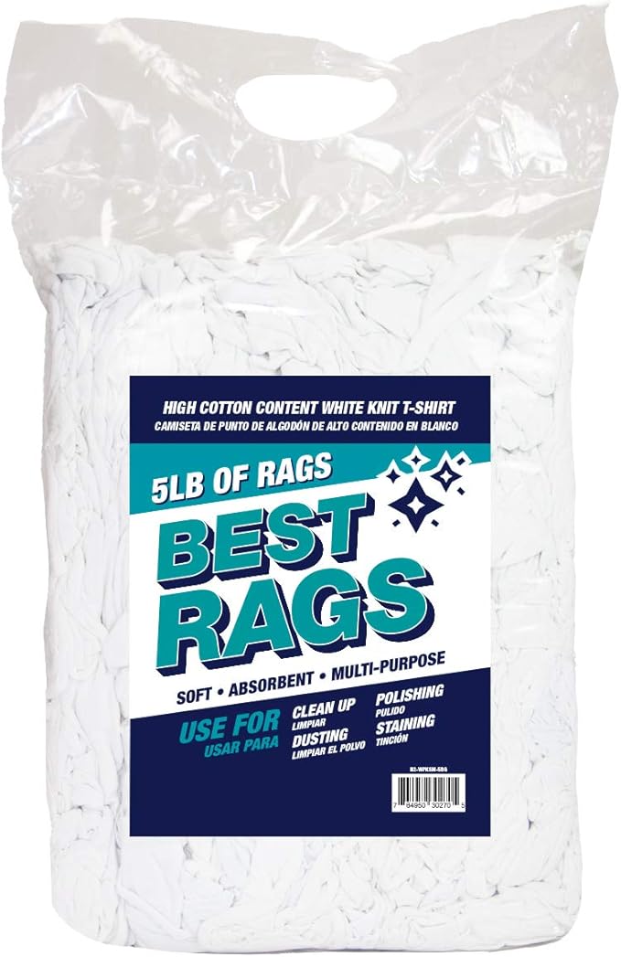 Arkwright T-Shirt Rags Bulk, 5 lb Bag, Cotton Cleaning Towels, Low Lint Knit Wiping Cloths for Paint, Stain, Grease, Shop and Auto Use, Absorbent Machine Washable, White