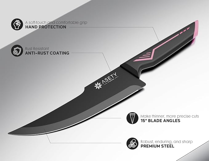 ASETY 15 PCS Knife Set with Block and Sharpener, Dishwasher Safe, Pink | Razor Sharp Kitchen Knives, Stainless Steel Knife Block Set, Ergonomic Non-Slip Handle, Elegant Box for Her Girls Women Wife